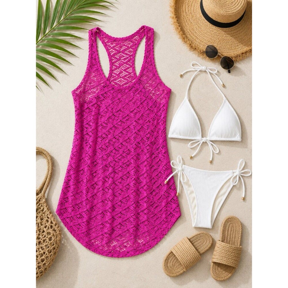 Hot Pink Crochet Swim Cover Up Y2K Beach Tunic | Small